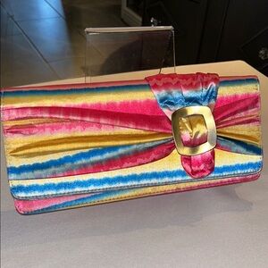 J.Renee Clutch Crossbody Pink Blue Yellow Print Gold Buckle EUC
